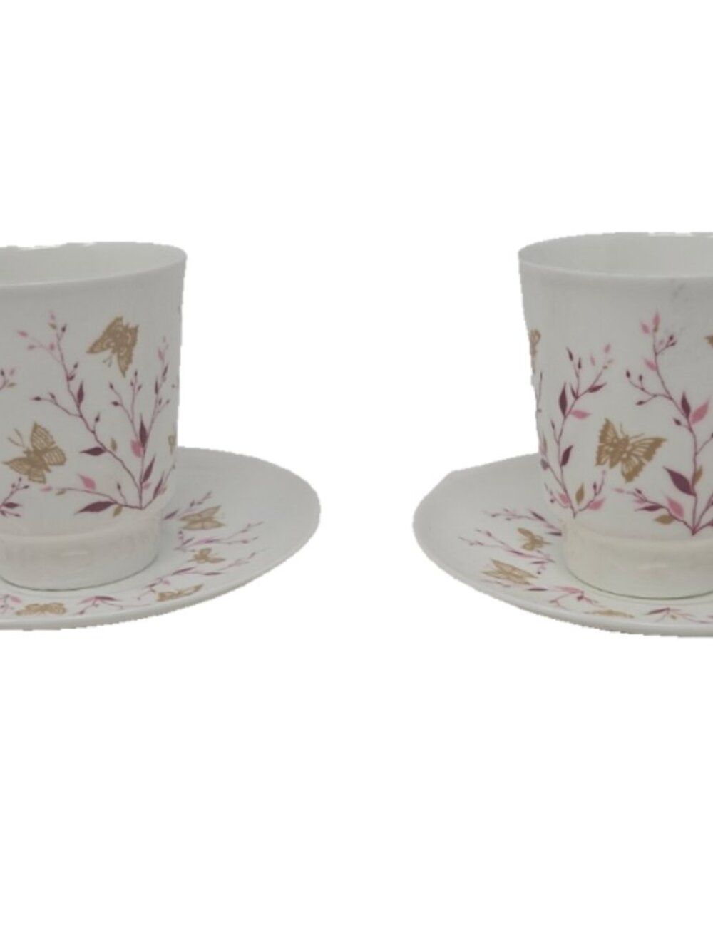 Pair Vintage Lomonosov Demitasse Cup Saucers  May Pink Branch Butterfly Russia